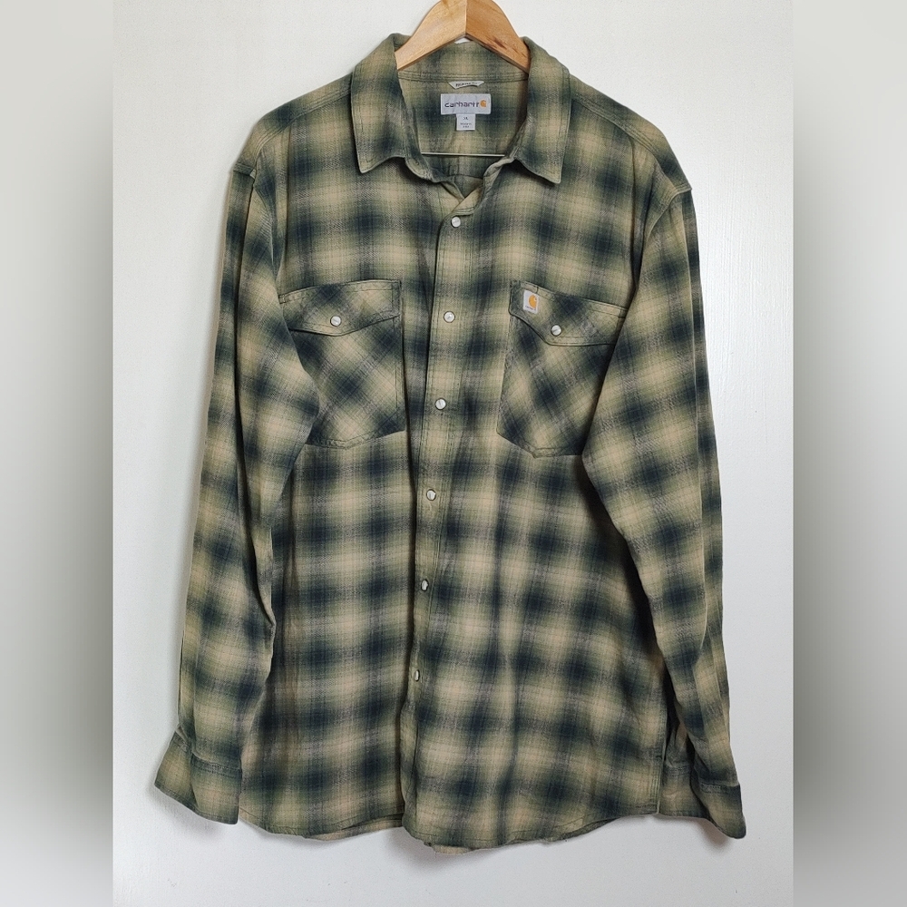 Carhartt Green Plaid Button-Up Shirt Pearl Snap Buttons